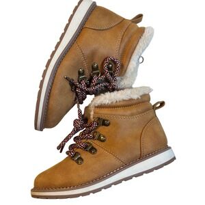 Cat & Jack Kids'‎ Boots Size 11 Brown Faux Fur Trim Lace Up Winter EUC